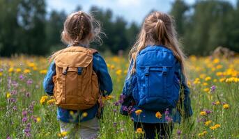 Kids exploring a flower-filled field. Two children with backpacks enjoy a vibrant field of wildflowers on a sunny day, surrounded by nature's beauty. photo