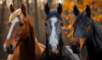 Horses posing together in autumn forest. Three horses stand close in a forest, surrounded by autumn leaves, highlighting their unique colors and expressions. photo