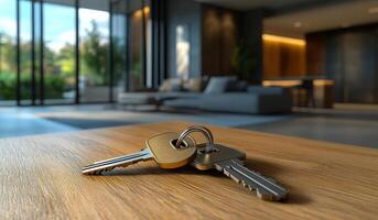 Keys on a wood table. Keys are placed on a smooth wooden table in a stylish interior with large windows and soft lighting. photo