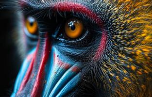 Close-up of a colorful baboon in nature. A vibrant baboon displays its striking features in a natural habitat during daylight hours, showcasing vivid colors. photo