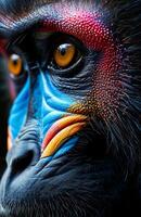 Vibrant close-up of a colorful monkey. A colorful monkey face with vivid blues, reds, and yellows against a backdrop of lush greenery. photo