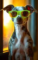 Dog wearing sunglasses at sunset. A dog with green sunglasses sits by a window, enjoying the warm glow of the sunset in the background. photo