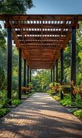 Lush garden walkway. A serene walkway lined with vibrant flowers and greenery invites visitors to explore the peaceful garden area. photo