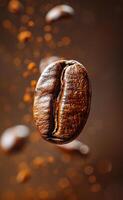 Bean in air with scattered grounds. A coffee bean hovers above grounds, creating a rich and inviting atmosphere. photo