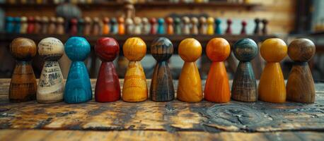 Wooden figures on a table. A collection of vibrant wooden figures stands lined up on a rustic table, showcasing various colors and designs. photo