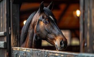 Horse looking out from stable at dusk. A dark-colored horse stands at a stable's window, gazing outside during the early evening hours. photo
