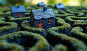 Miniature house in a moss-covered maze. A small, dark house is encircled by green hedges, forming a labyrinth of intricate design and detail. photo