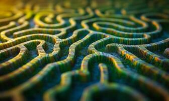 Intricate pattern of a green labyrinth. This design features a complex maze with winding paths and lush green textures in vivid detail and low sunlight. photo