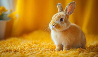 Rabbit on soft yellow ground. A small, fluffy rabbit with orange fur sits happily on a bright yellow surface, surrounded by warmth and light. photo