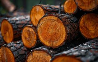 Organized log slice stack. Cut log slices reveal detailed rings, stacked neatly with natural textures, showcasing rich colors in a forest setting. photo