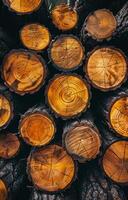Rustic logs stacked outside. Stacked circular tree trunks display textured surfaces and warm wood tones in natural light. photo