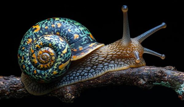 vistoso caracol en un rama. un vibrante caracol con un estampado cáscara es encaramado en un oscuro rama, exhibiendo sus único caracteristicas debajo bajo ligero. foto