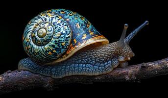 Colorful snail resting on a branch. A vibrant snail with a patterned shell is perched on a twig in a dark environment, showcasing its colors and form. photo