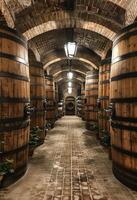Historic wine cellar with wooden barrels. A beautiful wine cellar features large wooden barrels lined up along a brick pathway, creating a serene atmosphere. photo