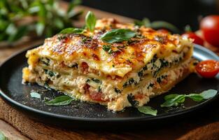 Warm homemade spinach lasagna. Layers of cheese, spinach, and sauce create a hearty dish garnished with fresh herbs and tomatoes on a black plate. photo
