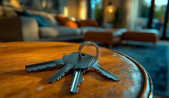 Keys on a wooden table. Keys sit on a polished wooden surface, with a warm, inviting living space softly blurred in the background. photo