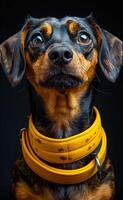 Charming dog portrait. A charming dog with a shiny coat and bright eyes poses confidently, showcasing its unique expression and collar. photo