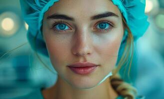 Blue-eyed medical professional. A woman wearing surgical attire gazes confidently with bright blue eyes and a serene expression during surgery. photo