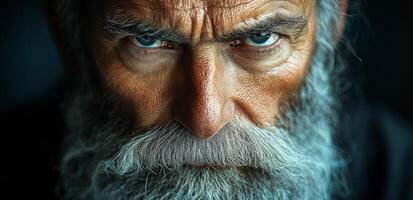 Elderly man with intense eyes. An elderly man with a long beard and piercing blue eyes gazes intently, showcasing a lifetime of experiences. photo