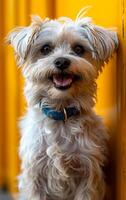 Smiling small dog on yellow. A cheerful small dog with fluffy fur and a blue collar stands against a vibrant yellow backdrop, looking joyful. photo
