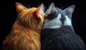 Cats cuddling together in warmth. Two cats, one orange and one gray, sit closely together, sharing warmth and comfort on a dark background. photo