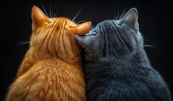 Cats snuggled together happily. Two cats, one orange and one gray, snuggle together, showcasing their bond and affection in a cozy setting. photo