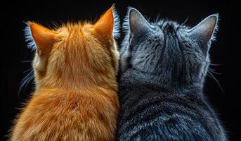 Two cats sit back to back. Two cats with distinct fur colors sit closely together, creating a heartwarming moment against a dark background. photo