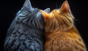 Cats cuddling together in close embrace. Two cats with distinct fur patterns sit closely, showcasing their companionship and bond in a cozy setting. photo