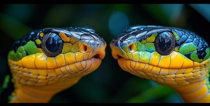 Two bright snakes in nature. Two colorful snakes are observing each other in a vibrant green setting, highlighting their intricate patterns. photo