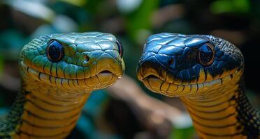 Colorful snakes in nature. Two vivid snakes engage in a close encounter, displaying their striking colors against a lush green background. photo