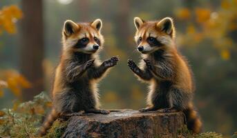Two playful raccoons outside. Two raccoons sit on a log in a forest, interacting playfully on a sunny day surrounded by autumn leaves. photo