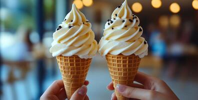 Enjoying ice cream cones on a sunny day. Two hands hold waffle cones filled with swirled soft serve ice cream topped with chocolate sprinkles. photo
