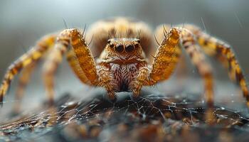 Spider in its natural habitat. A detailed view of a brown spider with striking eyes resting on a web in a blurred outdoor setting. photo