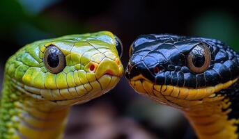 Vibrant snakes' close encounter. Two colorful snakes face each other in a lush green environment, showcasing their striking scales and patterns. photo