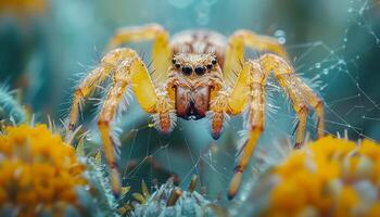 Close encounter with a vibrant spider. A detailed view of a yellow spider resting on colorful flowers while surrounded by silky web strands in nature. photo
