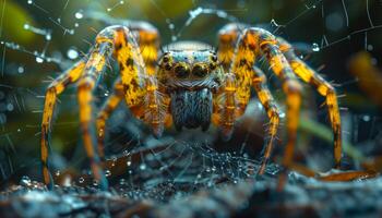 Colorful spider weaving a web in forest. A vibrant spider constructs its intricate web in a lush forest, surrounded by glistening droplets of water. photo