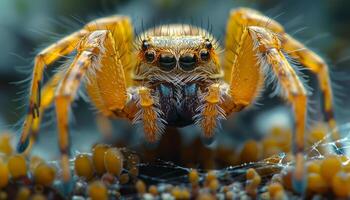 Colorful spider resting on webbing. A vibrant yellow and black spider is perched on its intricate web, displaying its unique features and textures. photo