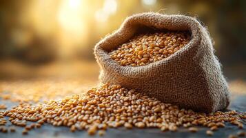 Golden grains spilling from burlap sack. Golden wheat grains pour from a burlap sack onto a wooden surface in warm evening light. photo