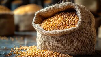 Golden grains spilling from burlap sack. A burlap sack overflows with golden grains, creating a rustic display in a well-lit storage area. photo