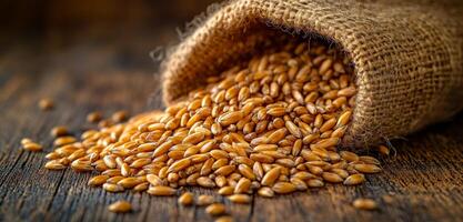 Golden grains spilling from burlap sack. Grains are pouring out of a burlap sack onto a rustic wooden surface, showcasing their rich color and texture. photo