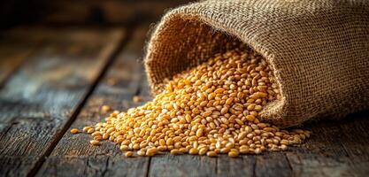 Wheat grains spilling from a burlap sack. Golden wheat grains pour out from a burlap sack onto a rustic wooden surface, creating a vibrant display. photo