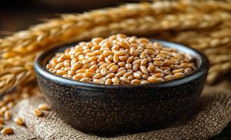 Wheat in a bowl with ears. A bowl filled with golden wheat grains rests on burlap, surrounded by wheat stalks in a rustic setting. photo