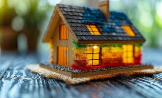 Brightly lit colorful home. A small, vibrant house made of wood with colorful decorations and warm lights shines on a rustic table. photo