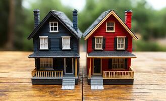 Mini houses showcase design contrast. Two miniature houses in contrasting colors on a wooden table display unique architectural styles and charm. photo