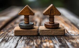 Wood and stone abstract art. Two unique wooden and stone sculptures rest on a rustic table, highlighting their distinct designs. photo