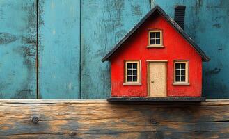 Small red house on wooden surface. A miniature red house sits on a rustic wooden surface, highlighting its charming details against a teal backdrop. photo