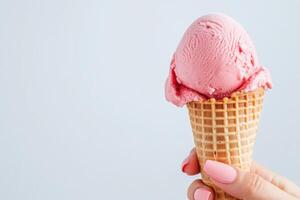 Bright summer afternoon enjoying a red ice cream scoop in a waffle cone with playful hand nails in a warm and cheerful atmosphere photo