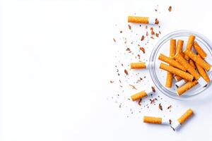 Broken cigarettes scattered beside a shattered ashtray symbolize the journey of quitting smoking and breaking free from addiction photo