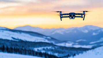 Drone soars above snowy mountains at twilight showcasing serene blue hour landscape with distant peaks photo
