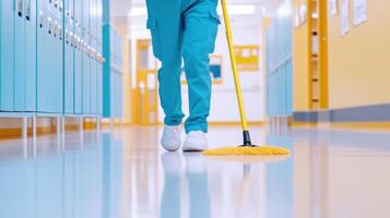 Janitorial staff member mops the hallway with precision in a school setting during bright daylight hours photo
